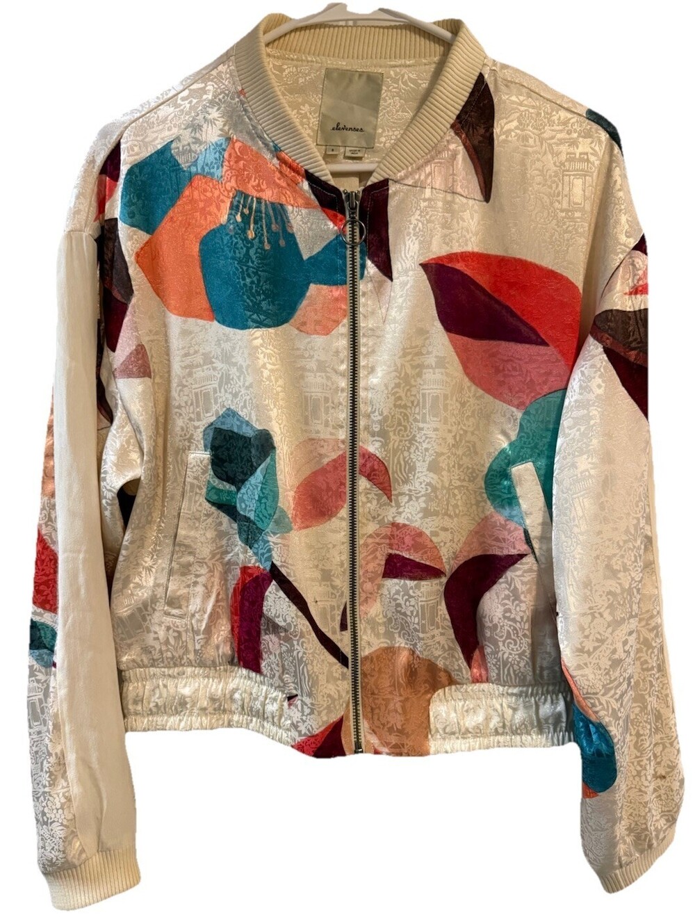 Elevenses Anthropologie Satin Zip Up Bomber Jacket Retro Geometric Coat Small
